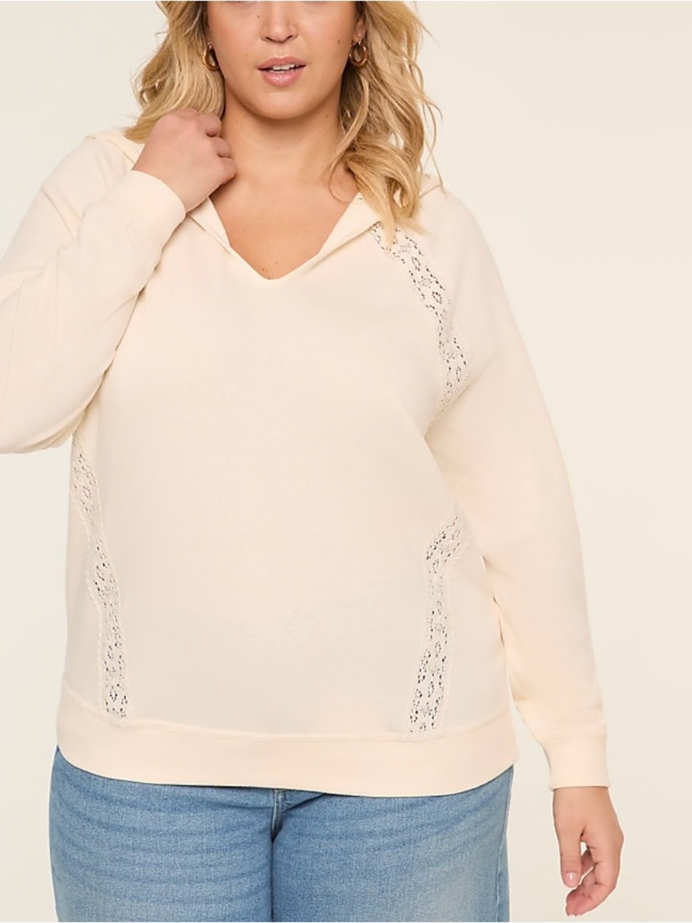 NWT Lane Bryant Cream Notch-Neck Crochet-Trim Hoodie French Terry Plus 22/24